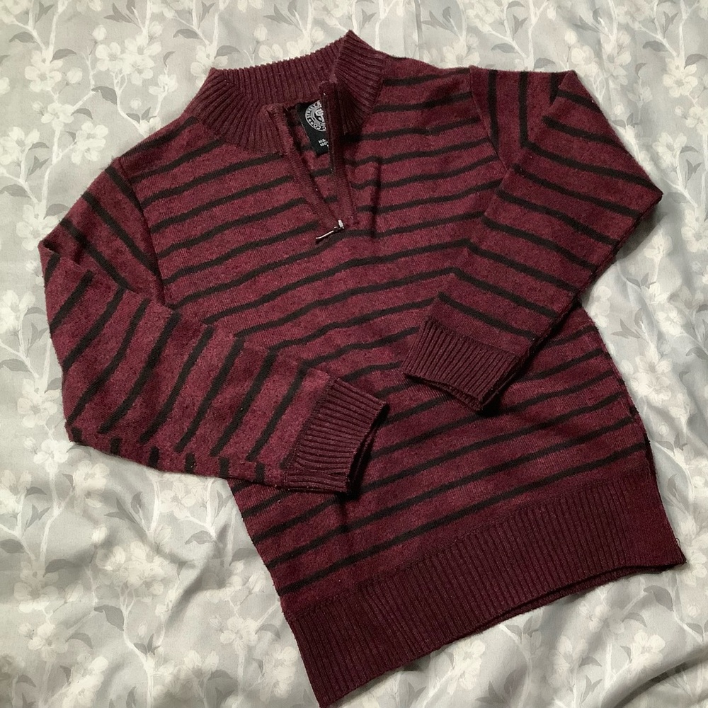 Striped Half-Zip Kid’s Sweater - Burgundy/Black